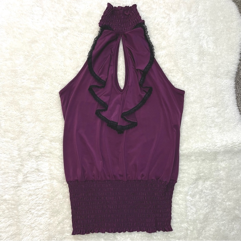 XOXO Victorian ruffle keyhole halter neck blouse in deep purple